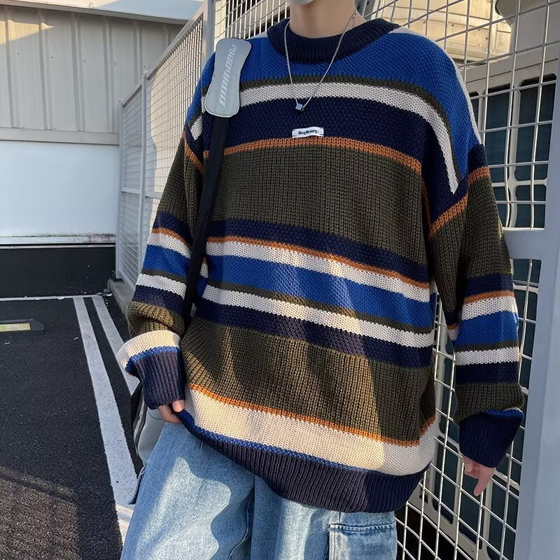 Herren Lässiger Grobstrickpullover mit buntem Streifenmuster Shop Nory