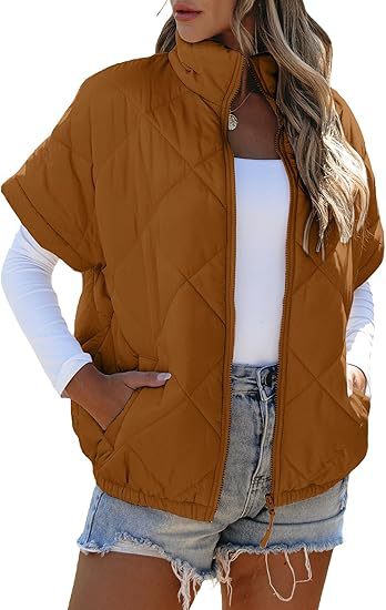 Damen Kurzärmelige gesteppte Weste mit Stehkragen, Reißverschluss und Eingrifftaschen Shop Nory