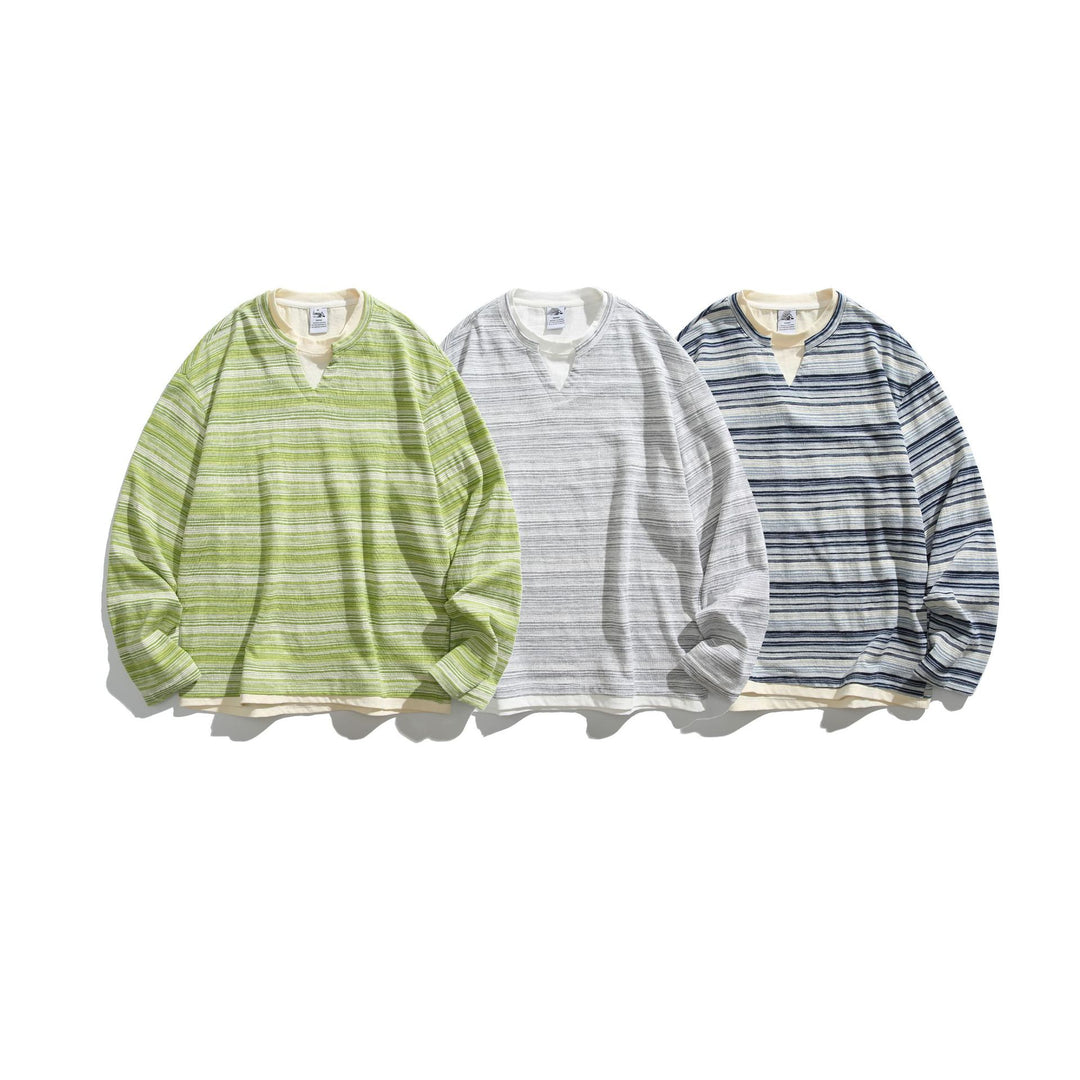 Unisex Gestreiftes Langarmshirt mit V-Notch und Lagen-Effekt Shop Nory