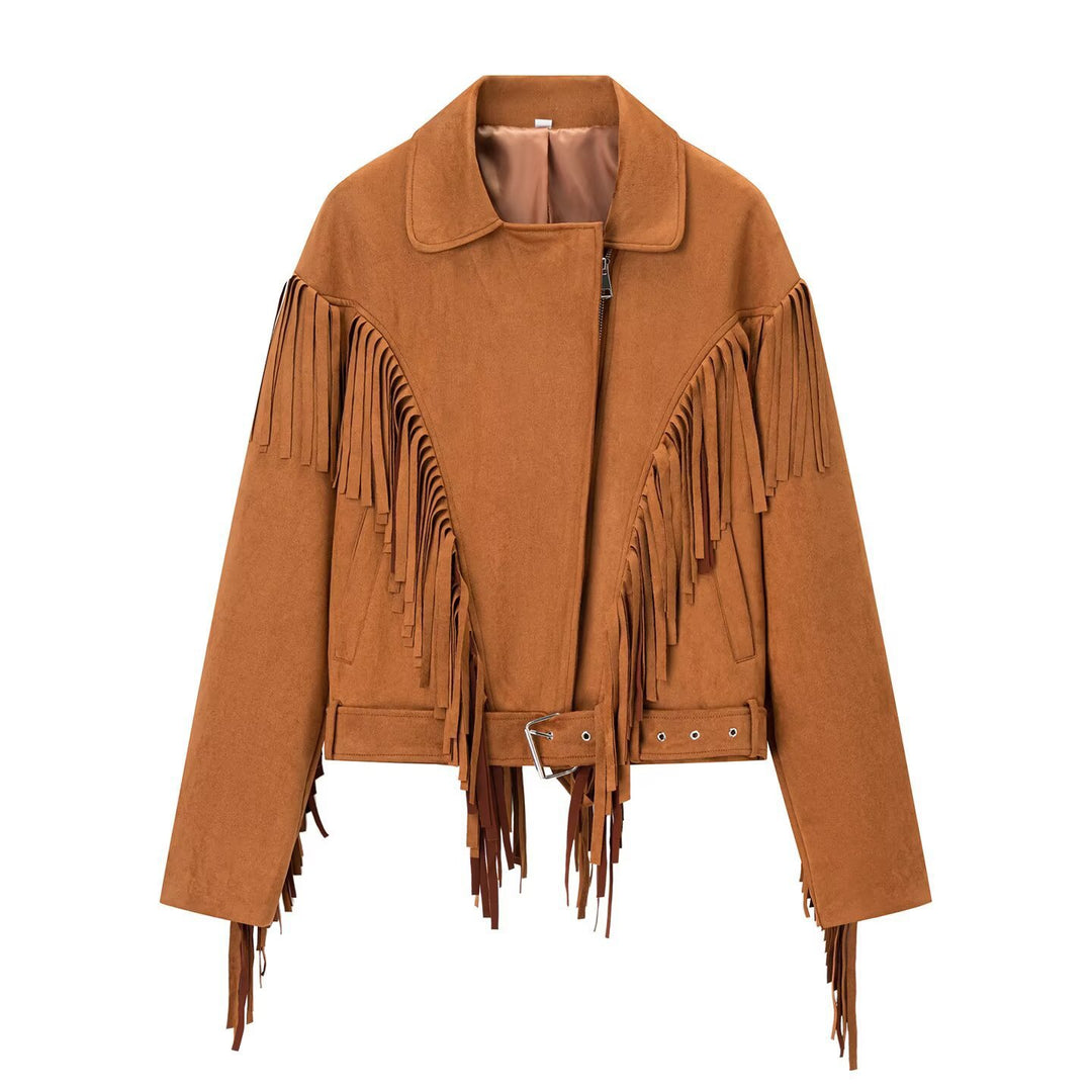 Damen Wildlederoptik Fransenjacke mit Oversized‑Schnitt, Taillengürtel und Statement‑Ärmeln Shop Nory