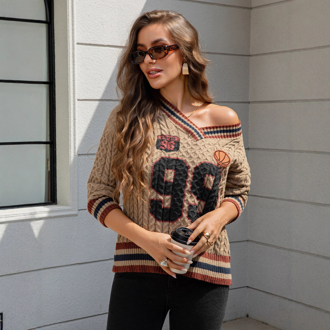Damen Schräg ausgeschnittener Zopfstrick-Pullover im College‑Look Shop Nory