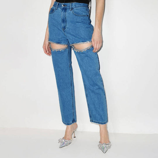 Damen Jeans mit dekorativen Cut-Outs und Strassverzierungen