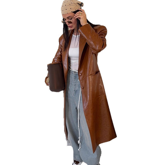 Damen Lang geschnittener Lackleder-Trenchcoat mit Reverskragen und kastiger Oversize-Passform Shop Nory