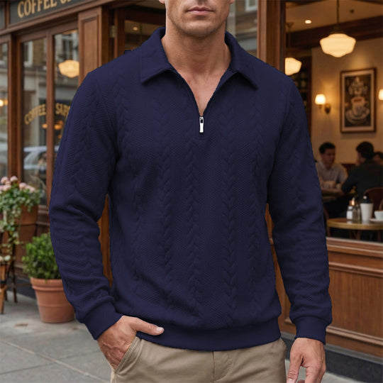 Herren strukturierter Halbzip-Pullover mit Troyerkragen, feinem Zopfmuster und elastischen Bündchen Shop Nory