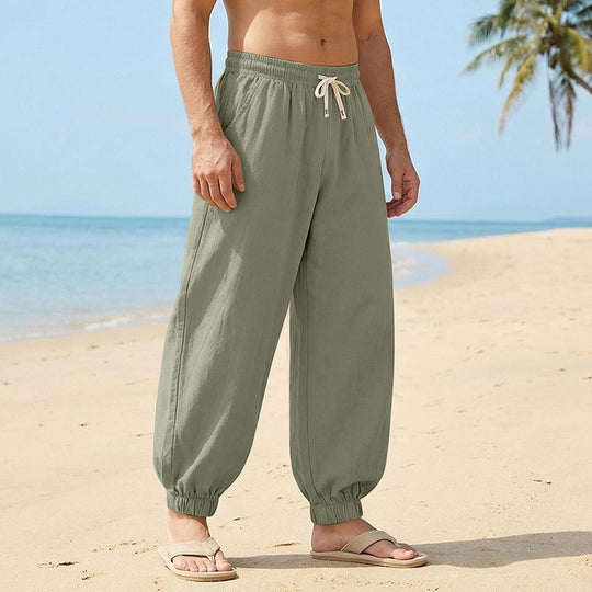 Herren Weite Leinenoptik-Strandhose mit Kordelzug, elastischem Bund und gerafften Beinabschlüssen Shop Nory
