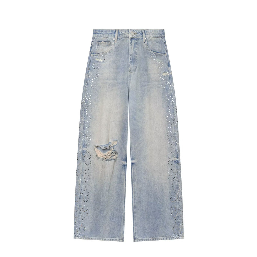 Damen Jeans mit hoher Taille, weitem Bein, Strassbesatz und Destroyed-Details Shop Nory