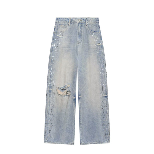 Damen Jeans mit hoher Taille, weitem Bein, Strassbesatz und Destroyed-Details Shop Nory