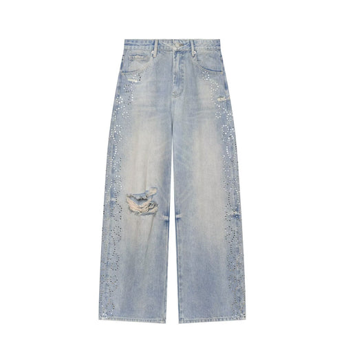 Damen Jeans mit hoher Taille, weitem Bein, Strassbesatz und Destroyed-Details Shop Nory
