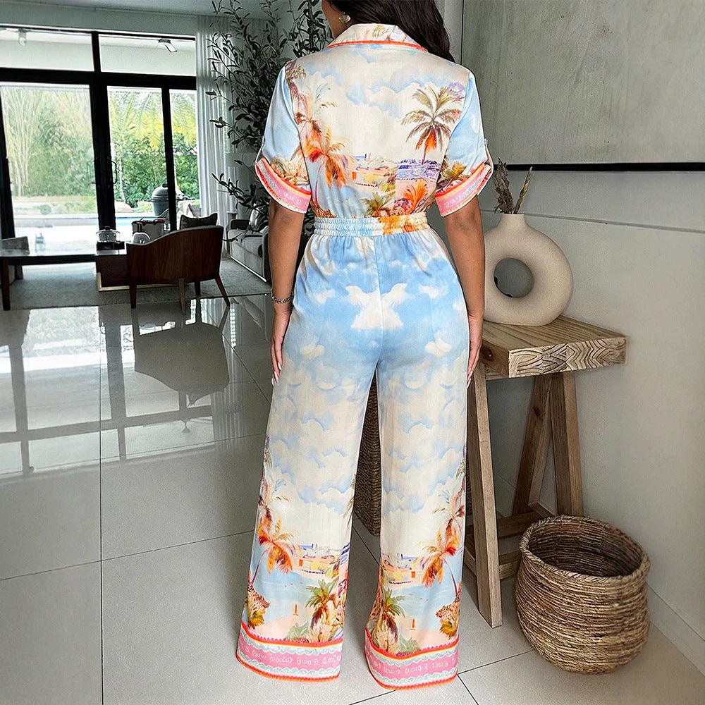 Damen Satin-Jumpsuit mit Hemdkragen, tiefem V-Ausschnitt und weitem Palazzobein Shop Nory