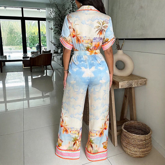 Damen Satin-Jumpsuit mit Hemdkragen, tiefem V-Ausschnitt und weitem Palazzobein Shop Nory