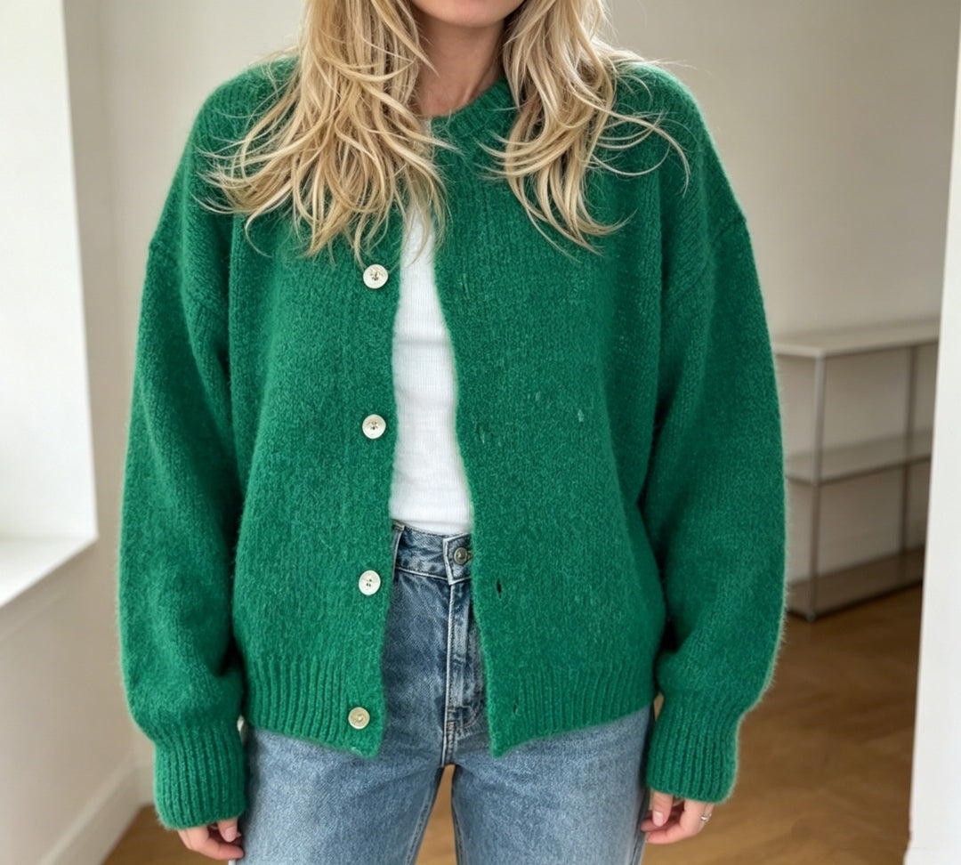 Damen Kuschelige Mohair-Optik Strickjacke mit Rundhals und Ballonärmeln Shop Nory
