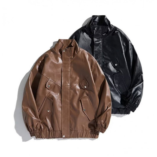Herren Oversize Kunstleder-Bomberjacke mit Stehkragen, Pattentaschen und elastischem Saum Shop Nory
