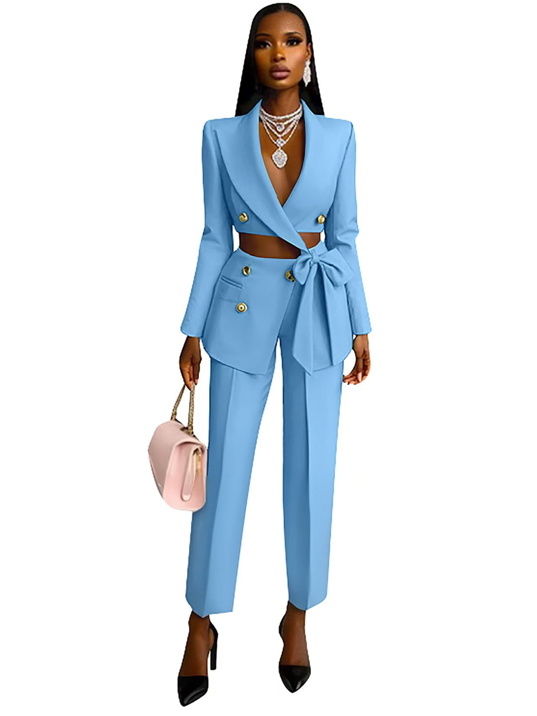 Damen Taillierter Crop-Blazer mit Zierschleife, Doppelreiher und Hochtaillierter Hose Shop Nory