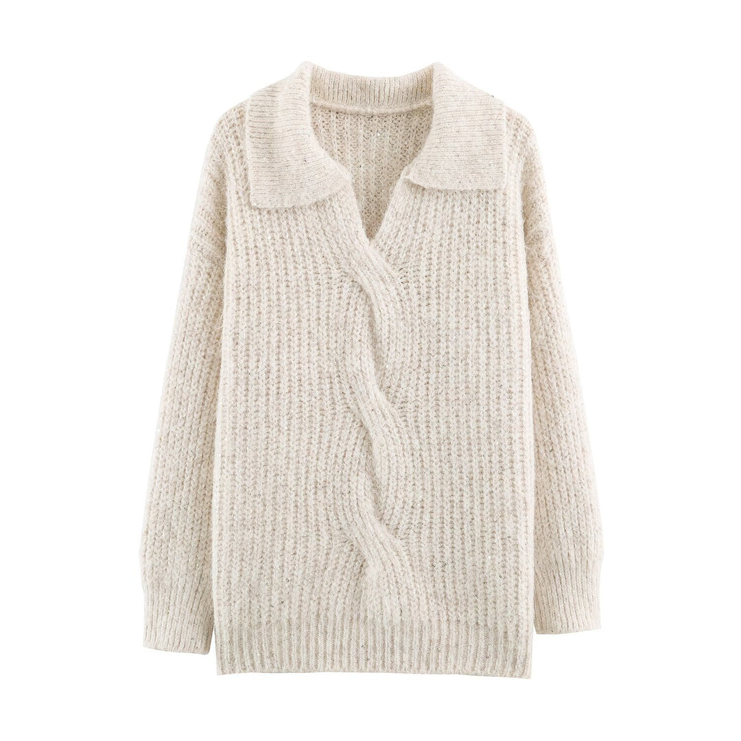 Damen Grobgestrickter Pullover mit weitem Reverskragen und Paillettenbesatz Shop Nory