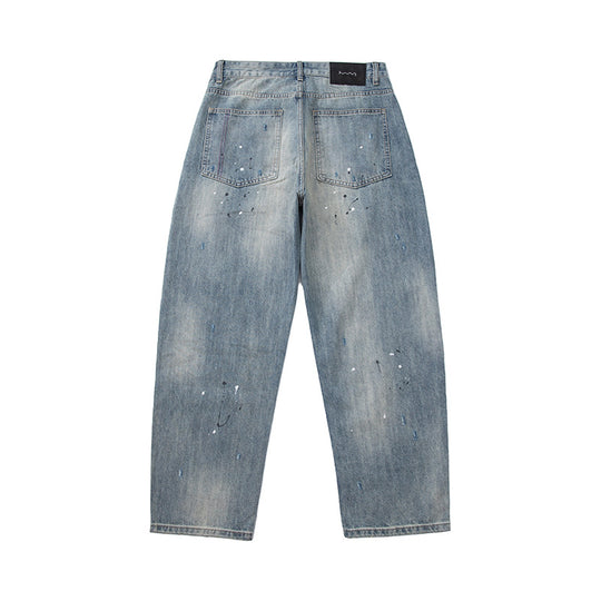 Damen Baggy-Jeans mit hoher Taille, verkürztem Bein und Lackspritzern Shop Nory