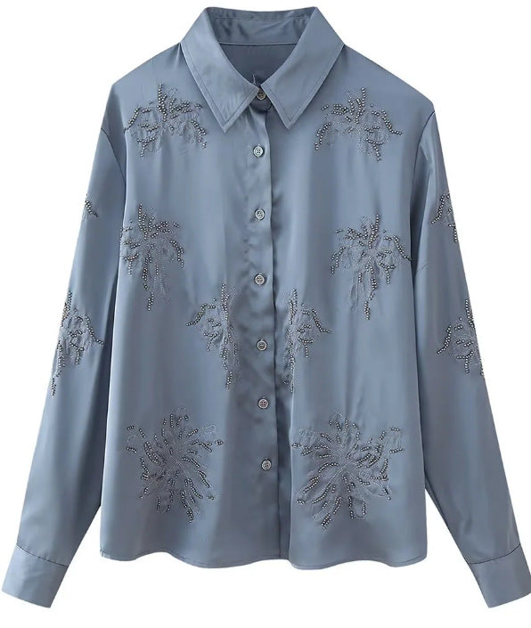 Damen bestickte Seidenoptik-Bluse mit funkelnden Kristallapplikationen und Hemdkragen Shop Nory