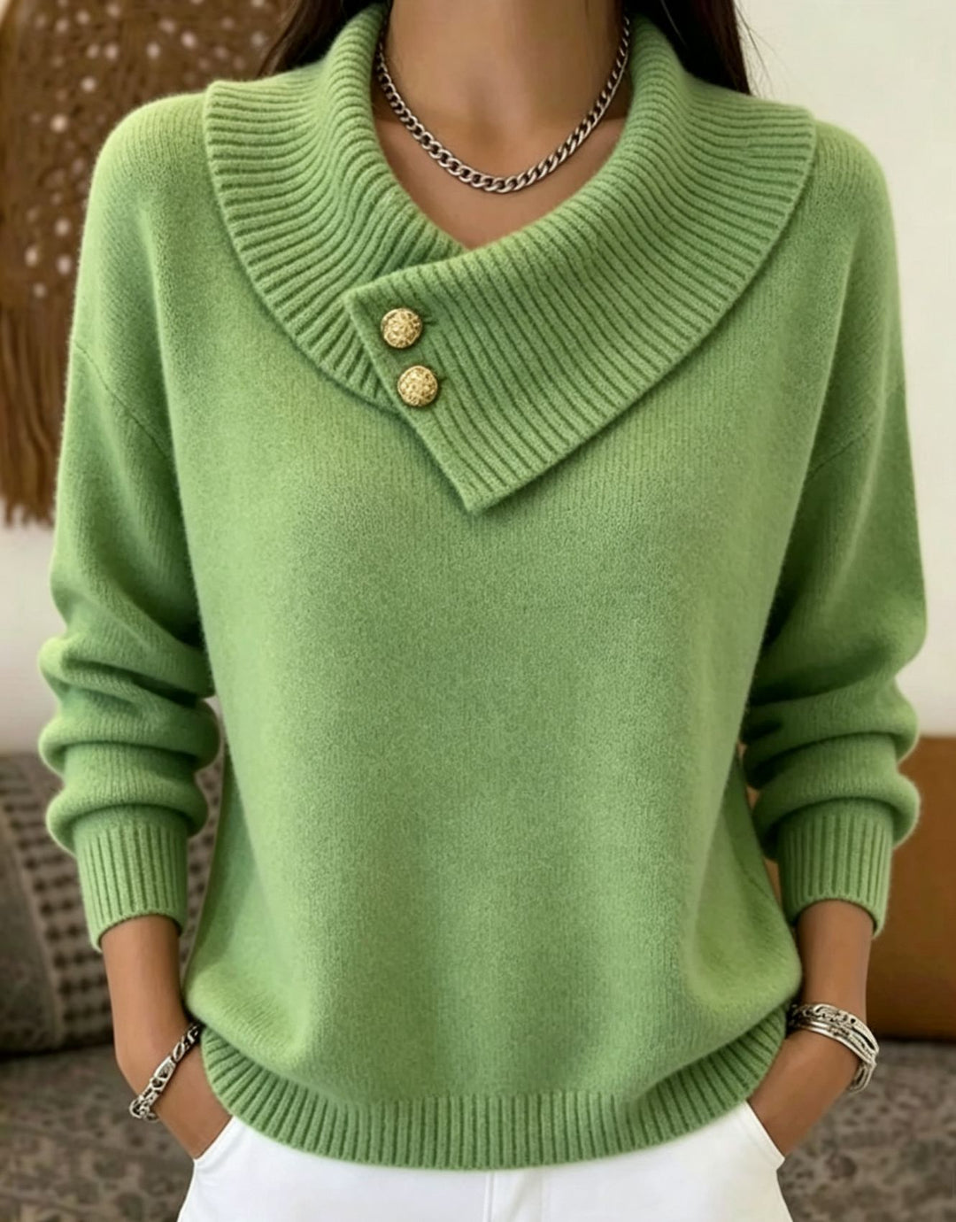 Damen Feinstrick-Pullover mit überlappendem Schalkragen und Zierknöpfen Shop Nory