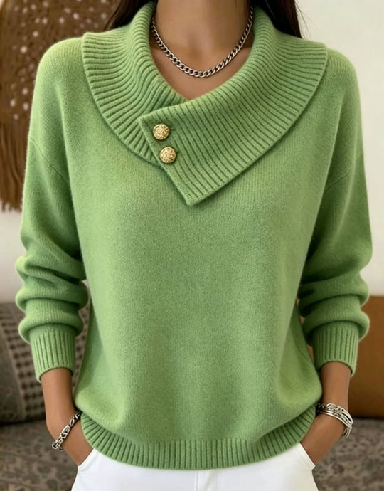 Damen Feinstrick-Pullover mit überlappendem Schalkragen und Zierknöpfen Shop Nory