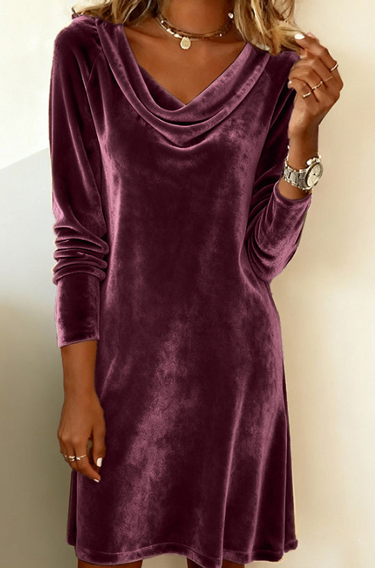 Damen Samt-Kleid mit Wasserfallkragen und lässiger A‑Linie Shop Nory