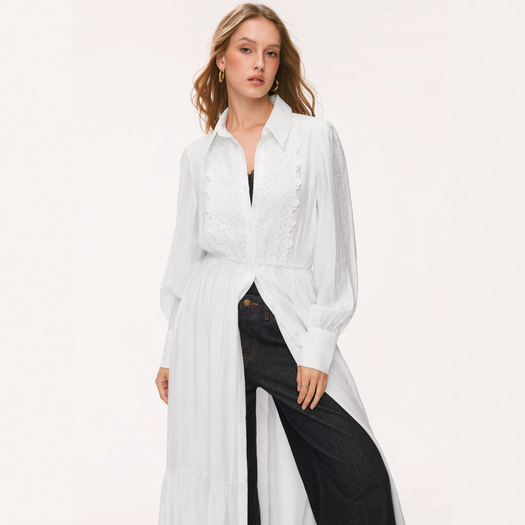 Damen Langes Hemdblusenkleid mit Spitzenbesatz, Taillierung und Stufenrock Shop Nory