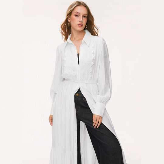 Damen Langes Hemdblusenkleid mit Spitzenbesatz, Taillierung und Stufenrock Shop Nory