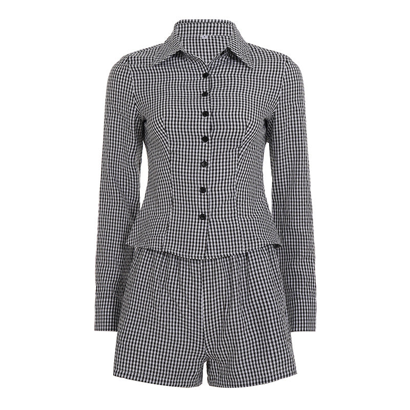 Damen nan zweiteiliges Vichy-Set aus taillierter Blusenjacke mit Wiener Nähten und Highwaist-Shorts Shop Nory