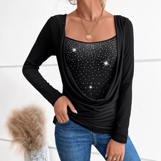 Damen Drapiertes Langarmshirt mit Wasserfall‑Ausschnitt und Strass‑Einsatz Shop Nory