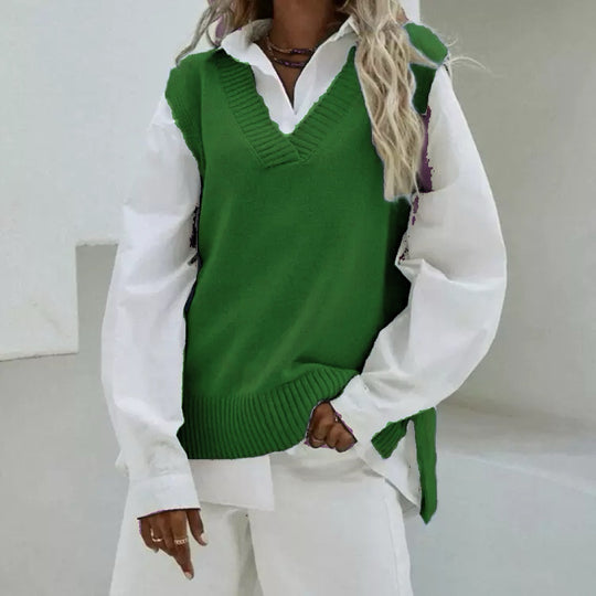 Damen Ärmellose Strickweste mit V-Ausschnitt und seitlichen Schlitzen Shop Nory