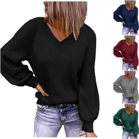 Damen Gerippter V‑Ausschnitt Pullover mit Ballonärmeln und lässiger Passform Shop Nory