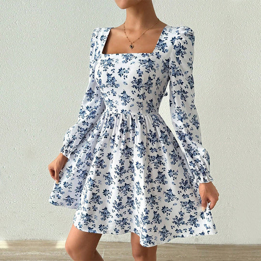 Damen florales Minikleid mit quadratischem Ausschnitt tailliertem Schößchen und langen Puffärmeln Shop Nory