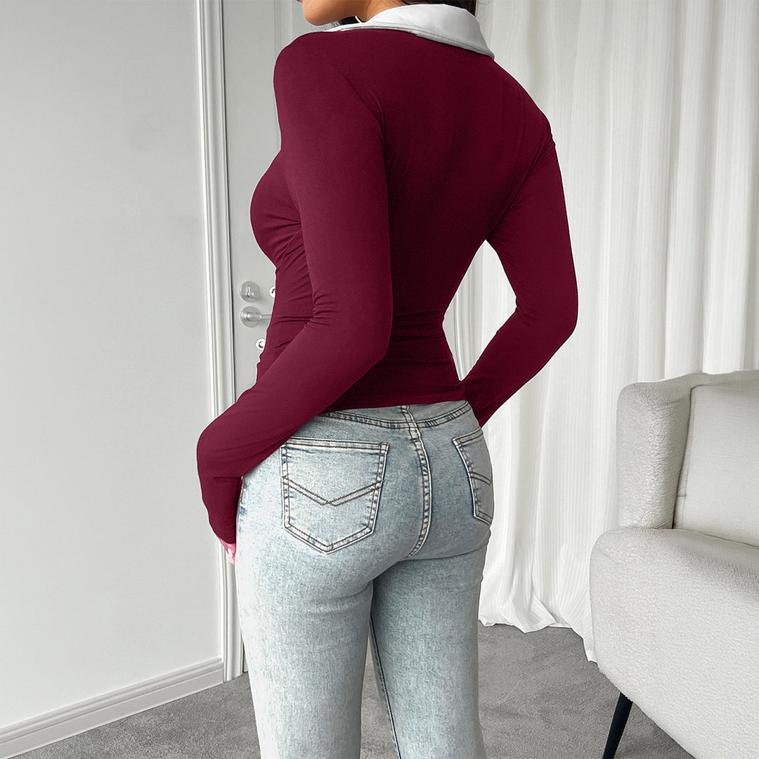 Damen nan tailliertes Longsleeve mit kontrastpolokragen und tiefem V-Ausschnitt Shop Nory