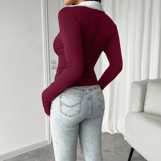 Damen nan tailliertes Longsleeve mit kontrastpolokragen und tiefem V-Ausschnitt Shop Nory