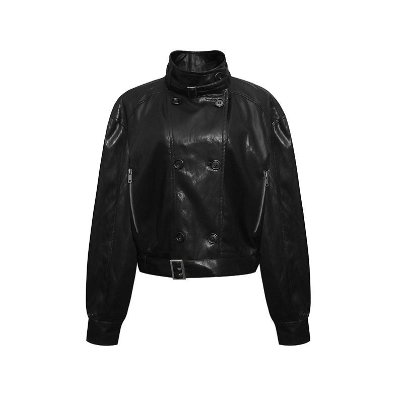Damen kurze doppeltknöpfte Lederjacke mit Stehkragen und Taillengürtel Shop Nory