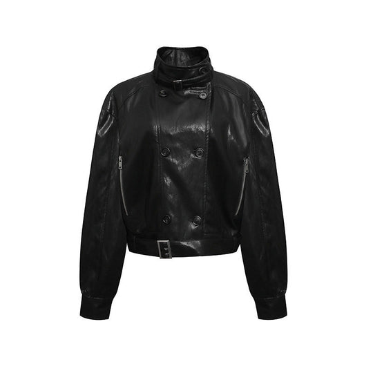Damen kurze doppeltknöpfte Lederjacke mit Stehkragen und Taillengürtel Shop Nory