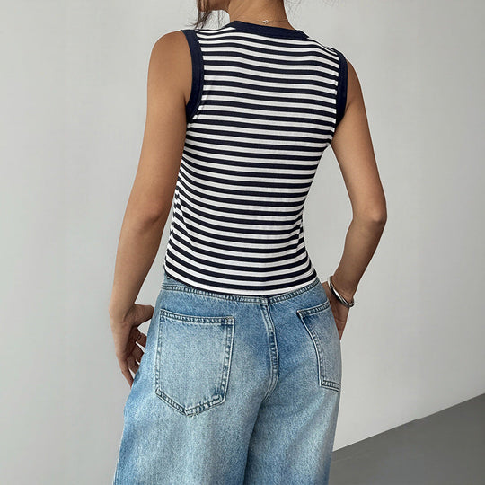 Damen ärmelloses Streifenshirt mit knöpfbarem Ausschnitt und engem Schnitt