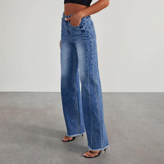 Damen High-Waist Schlagjeans mit weitem Bein und ausgefranstem Saum Shop Nory