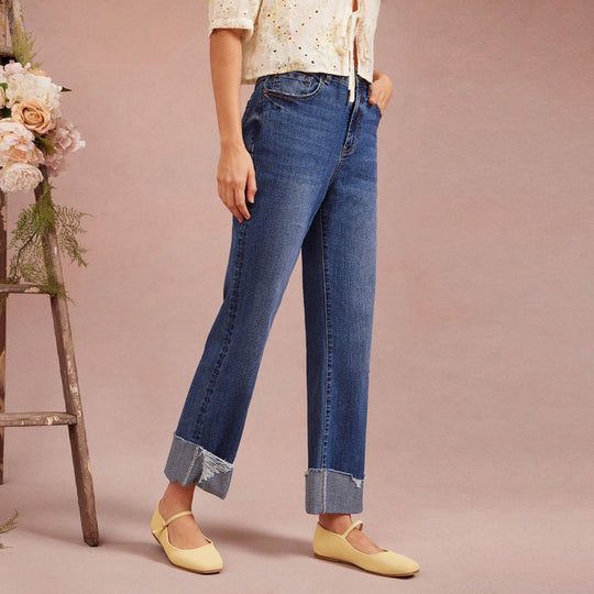 Damen Hochtaillierte Cropped-Jeans mit weitem Bein und ausgefranstem Umschlag Shop Nory