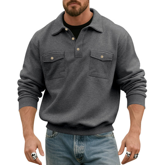 Herren nan legerer Button-Polo-Sweatshirt mit aufgesetzten Brustklappen und gerippten Bündchen Shop Nory
