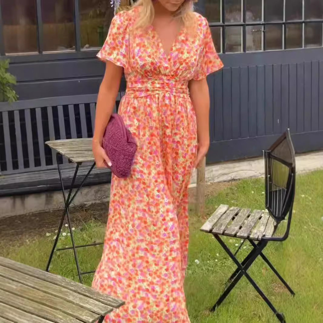 Damen Maxikleid mit floralem Muster und raffinierten Ärmeln