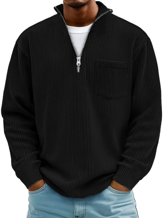 Herren Rippstrickpullover mit kurzem Reißverschluss und Brusttasche EB