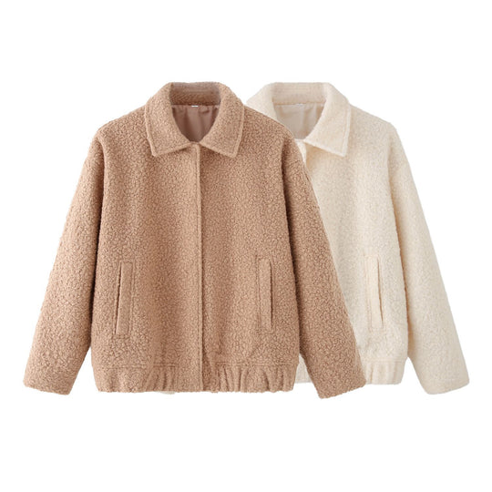 Damen Teddy-Boxy-Jacke mit Hemdkragen, Eingrifftaschen und elastischem Saum Shop Nory