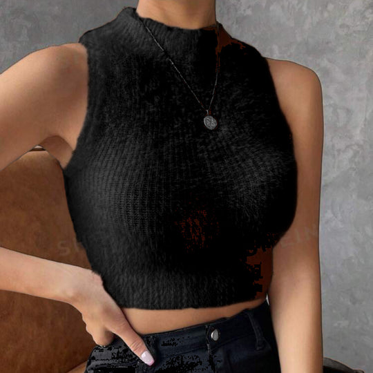 Damen Kurz geschnittenes ärmelloses geripptes Strick-Crop-Top mit Stehkragen Shop Nory