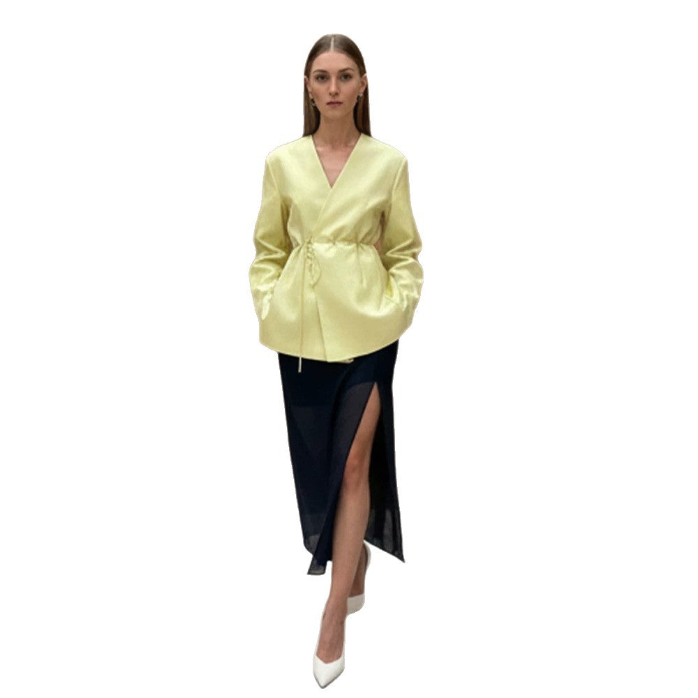 Damen Wickelblazer mit Tunnelzug und weiter Culotte‑Hose Zweiteiler Shop Nory