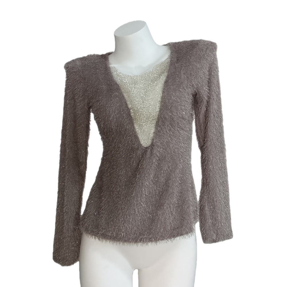 Damen Flauschiges Langarmshirt mit tiefem V‑Ausschnitt und Glitzer-Insert Shop Nory
