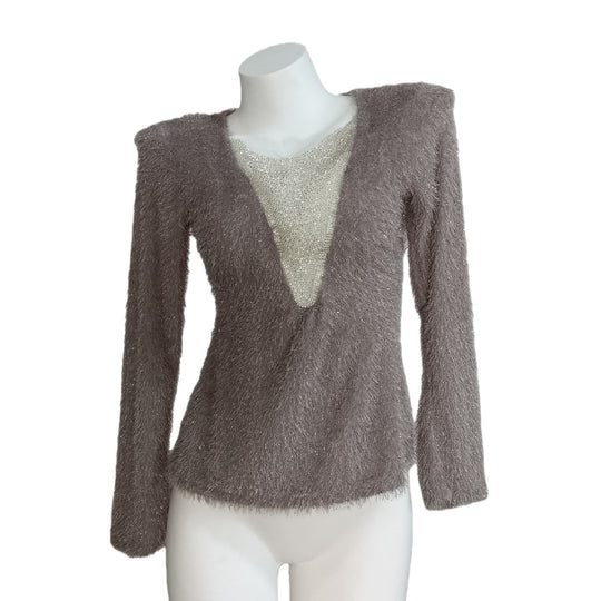 Damen Flauschiges Langarmshirt mit tiefem V‑Ausschnitt und Glitzer-Insert Shop Nory