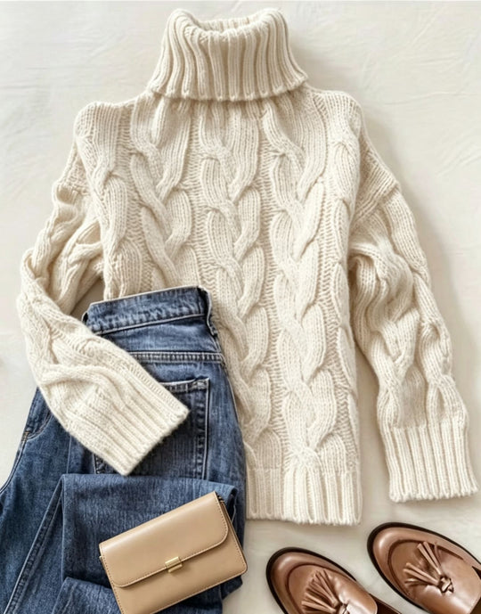 Damen Grobstrick-Rollkragenpullover mit markanten Zopfmustern und gerippten Bündchen Shop Nory