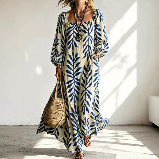 Damen Maxikleid mit quadratischem Ausschnitt, Ballonärmeln und botanischem Print Shop Nory