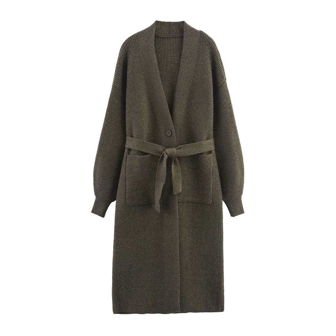 Damen Lange Strickjacke mit Bindegürtel, aufgesetzten Taschen und tiefem V-Ausschnitt Shop Nory