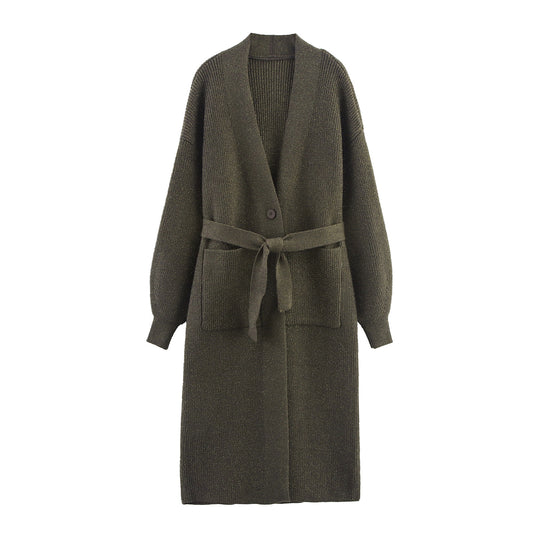 Damen Lange Strickjacke mit Bindegürtel, aufgesetzten Taschen und tiefem V-Ausschnitt Shop Nory