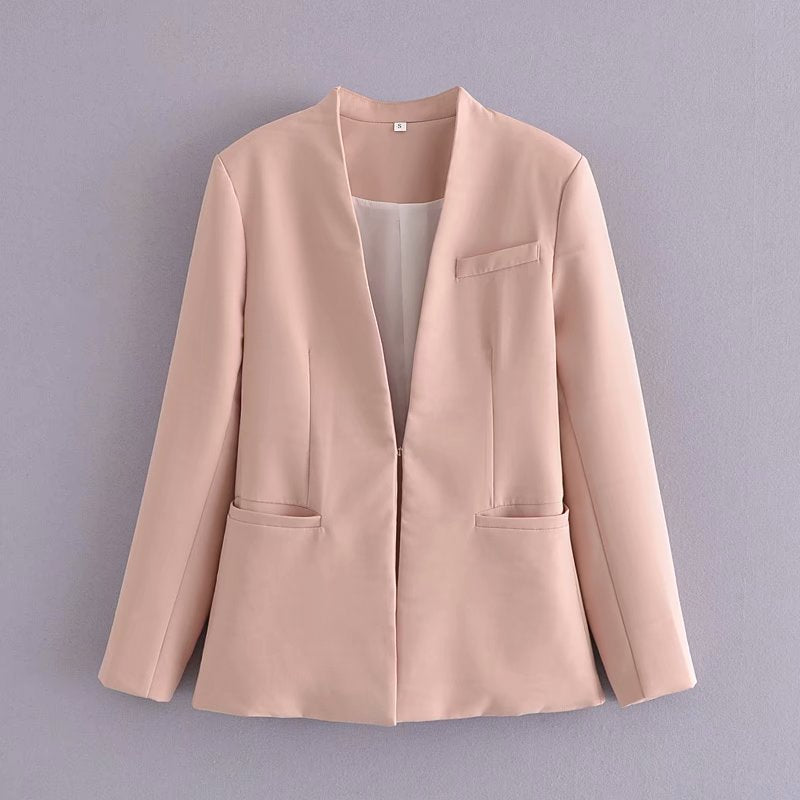 Damen Taillierter Blazer ohne Revers mit offener Front und Paspeltaschen Shop Nory